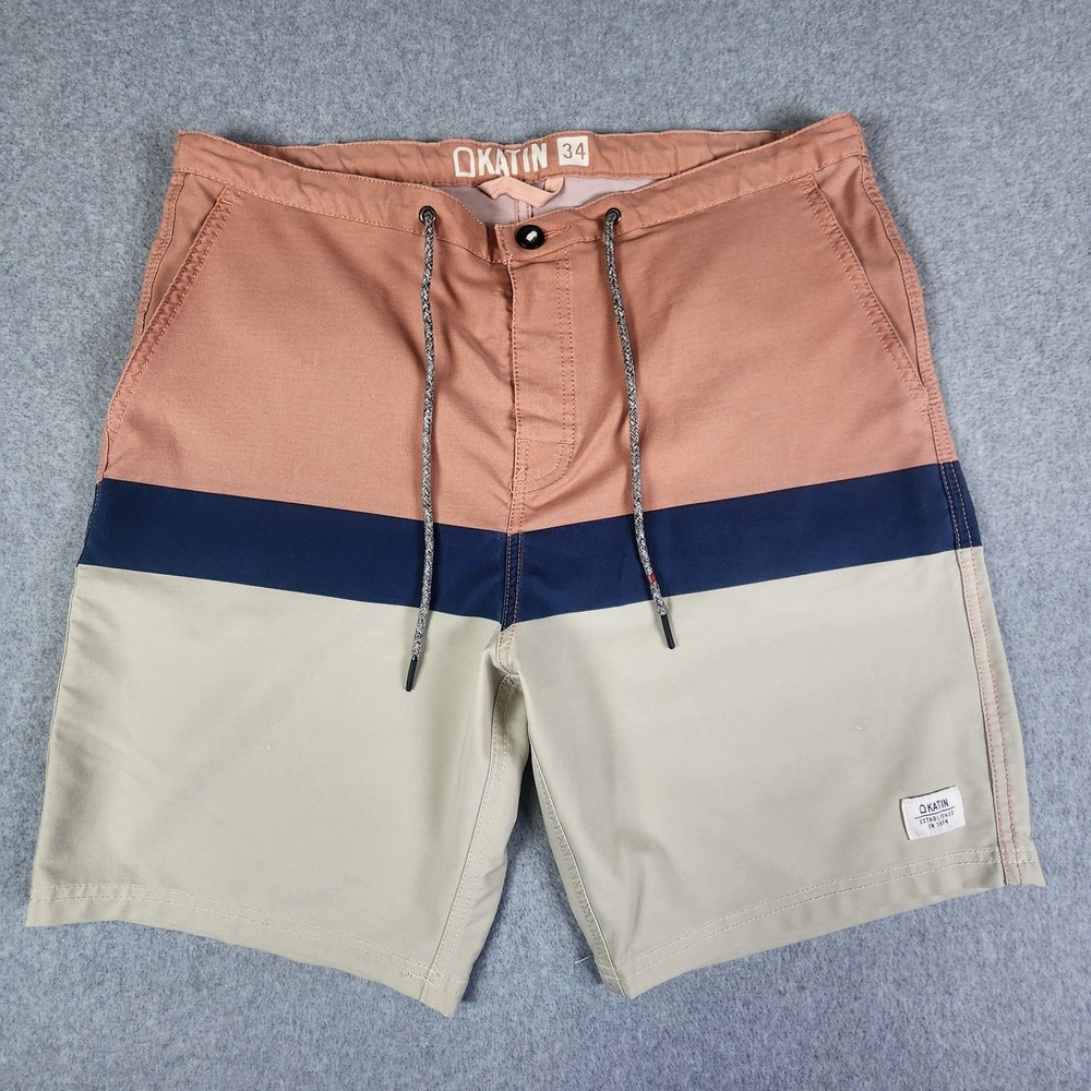 Katin Board Shorts Mens Size 34 Coral Blue Beige Beach Surf Swim Trunks Pockets